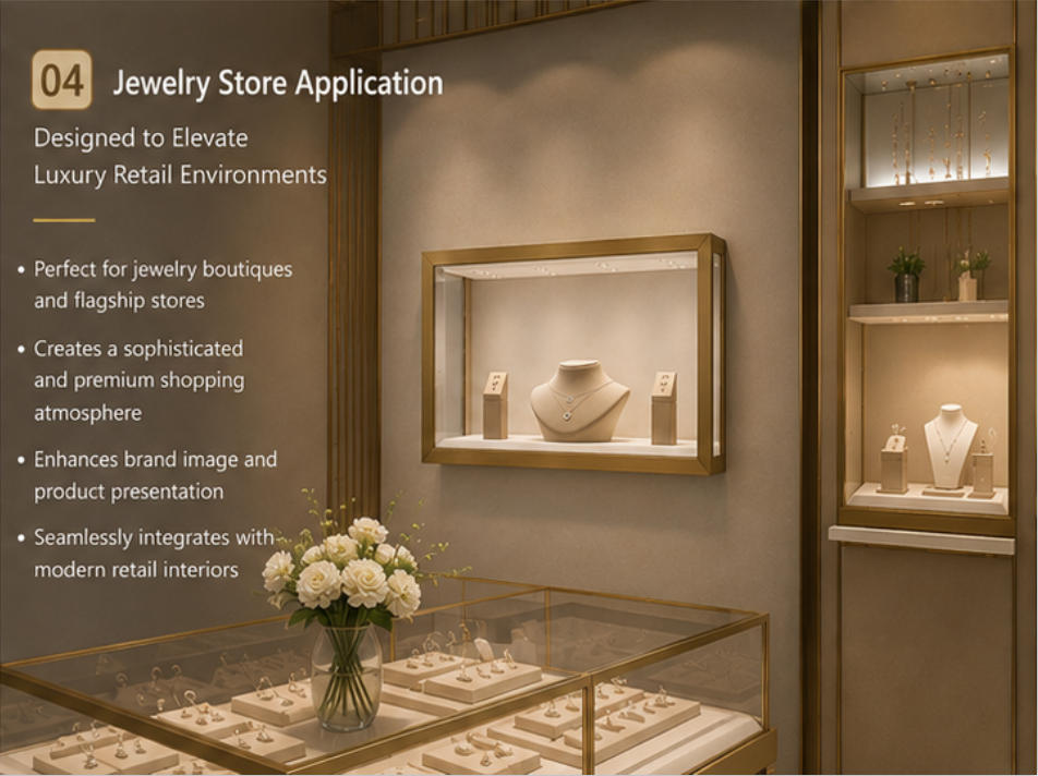 Wall-Mounted Luxury Jewelry Display Case | Brass Framed LED Showcase 10 Jewelry showcase in real jewelry store scene